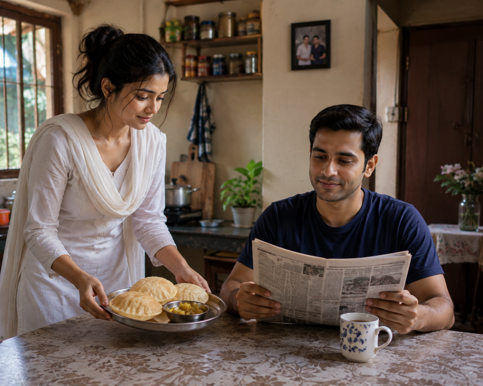 Meghla waiting for Arindam, the black helmet left on the table