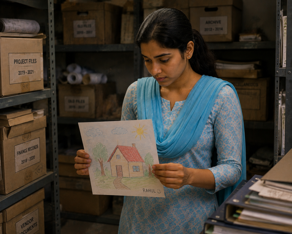 A thick red audit file on Meghla's desk, she looks at it in surprise