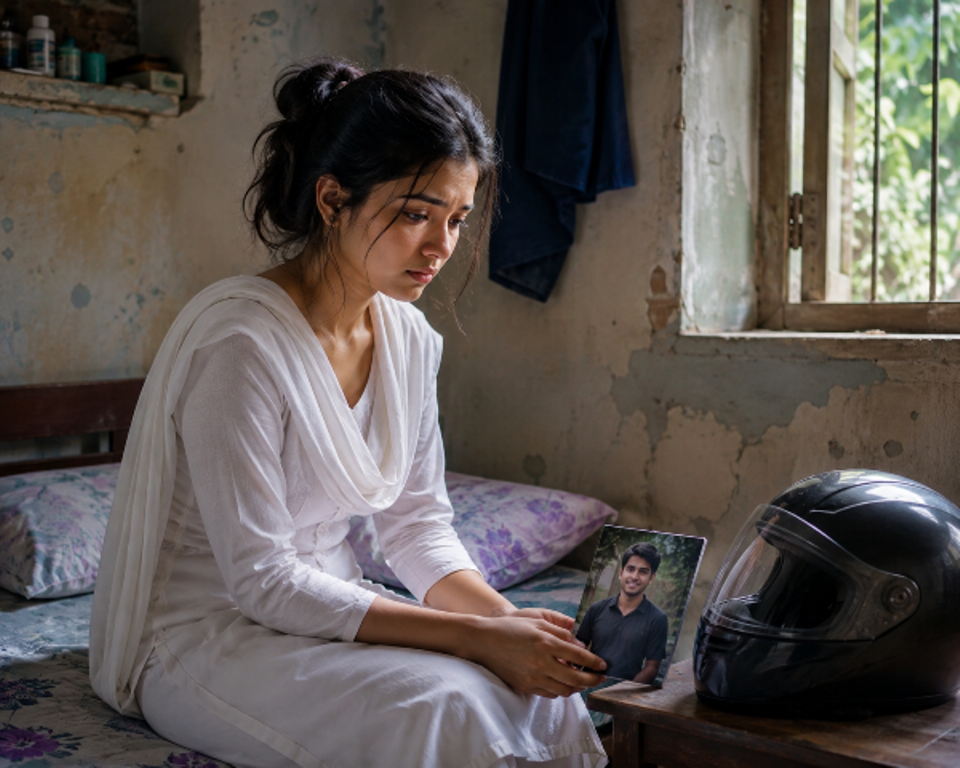 Meghla alone amid the insults, Arindam's photo and helmet beside her