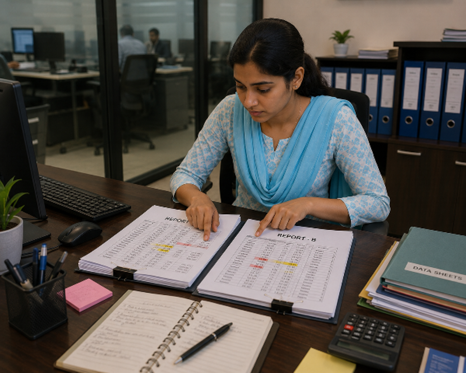 Meghla standing in the manager's cabin with the altered report